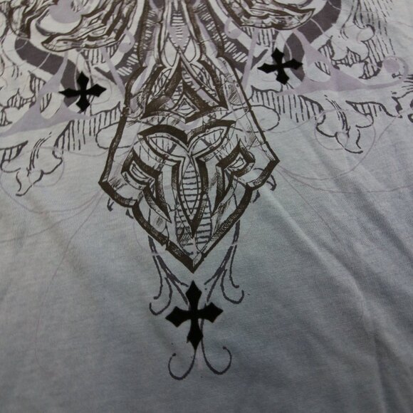 Affliction T-Shirt XL Blue Dye V Neck Ribbed Felt Detail Cross Cyber Goth Grunge - Picture 14 of 16